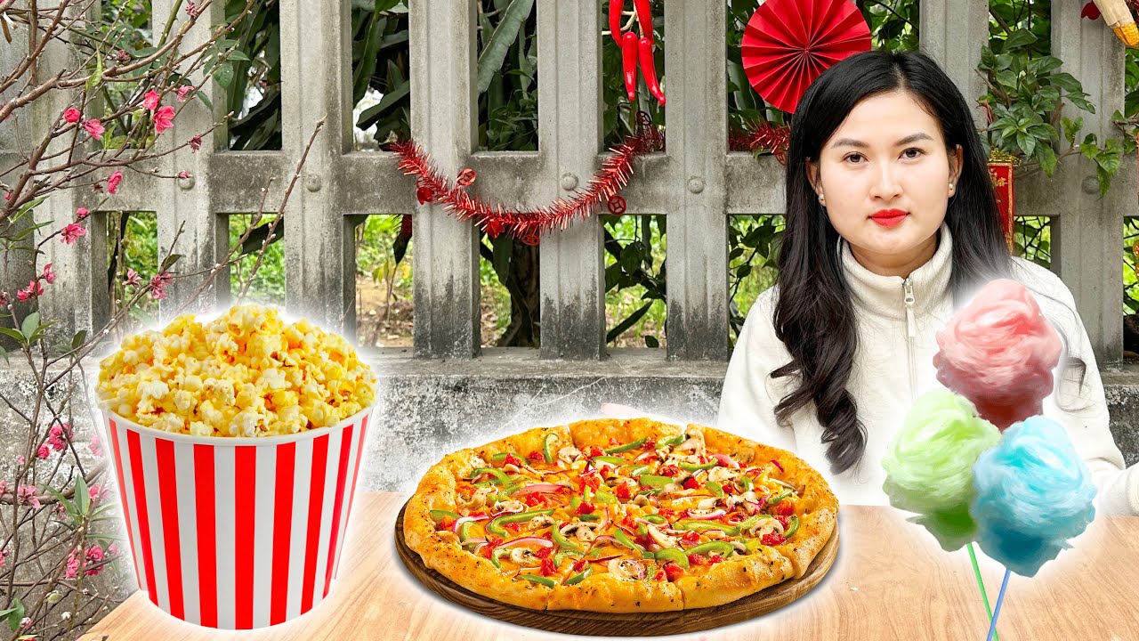 Changcady trang trí gian hàng bán các món ăn ngày tết, làm pizza, bỏng ngô, kẹo bông