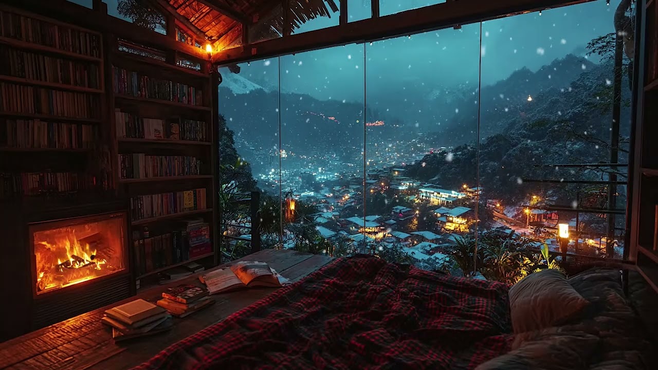 Peaceful Winter Cabin Night ❄️🔥 Fireplace Sounds & Gentle Snowfall for Relaxation