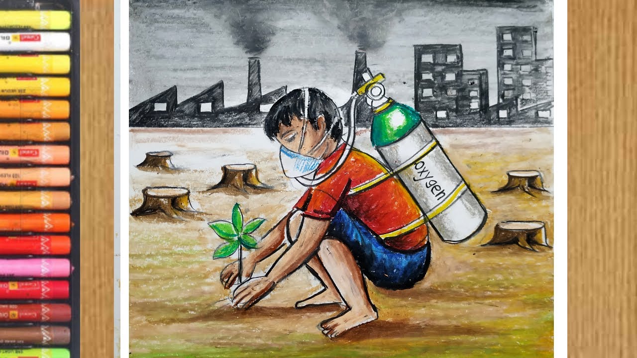 how to draw scenery of tree plantation with oil pastel color,save environment drawing step by step,