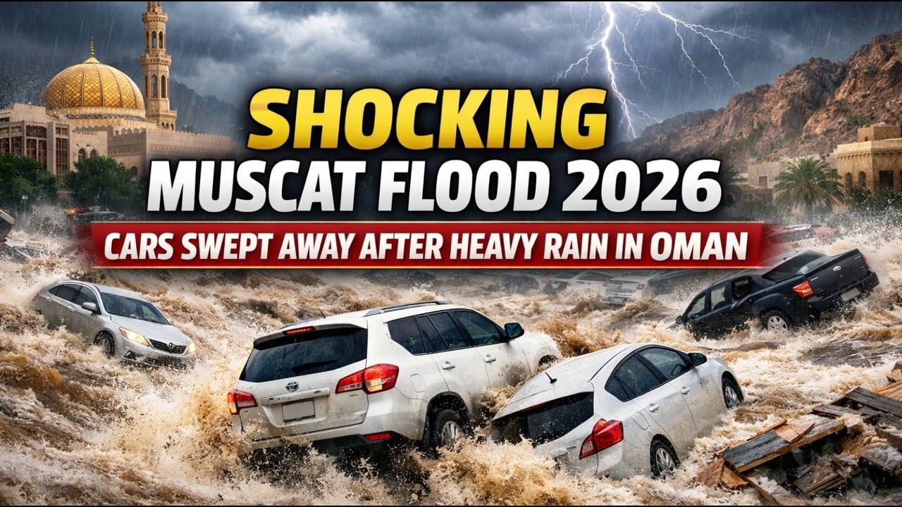Шокирующее наводнение в Маскате в 2026 году 🌊 Автомобили смыло после сильных дождей в Омане