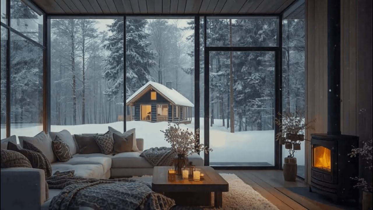 Tranquil Winter Cabin Living Room ❄️ Piano & Fireplace for Stress Relief 4