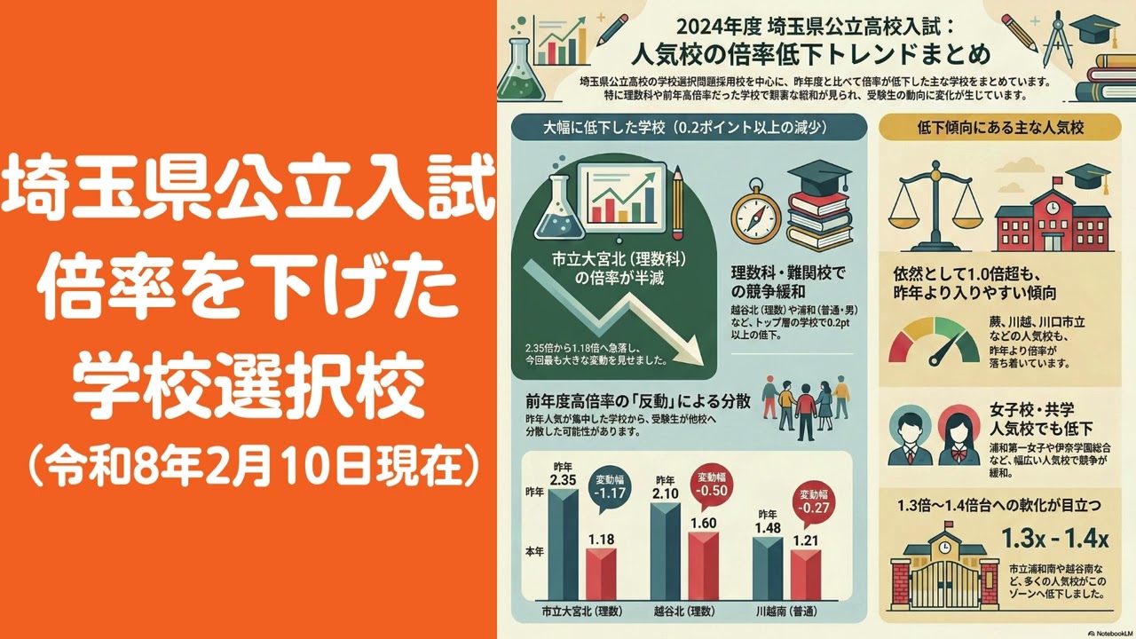 倍率を下げた学校選択校（2月10日現在）　埼玉県公立入試