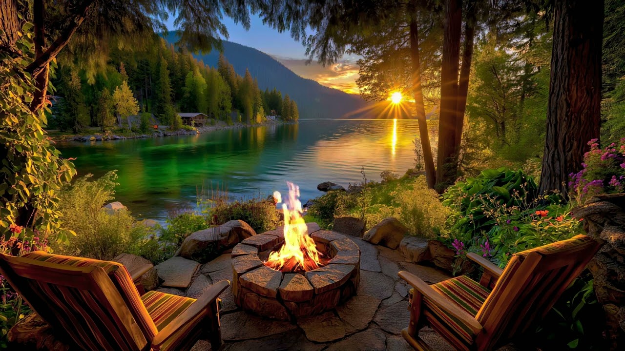 Cozy Cabin Calm: Crackling Fire, Gentle Waves & Evening Birds 4K Ambience for Relaxation