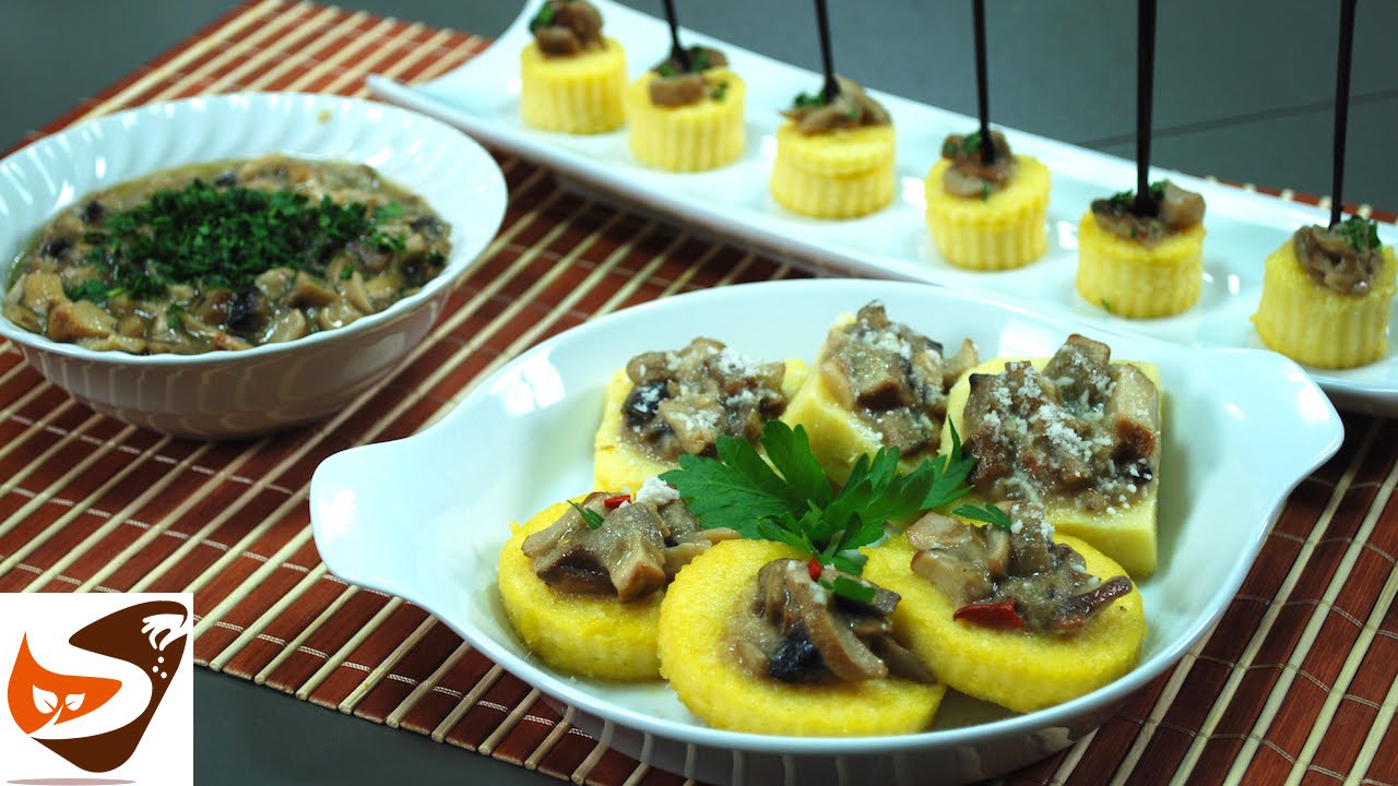 Polenta fritta:  croccante con funghi porcini - antipasti sfiziosi (fried polenta with mushrooms)
