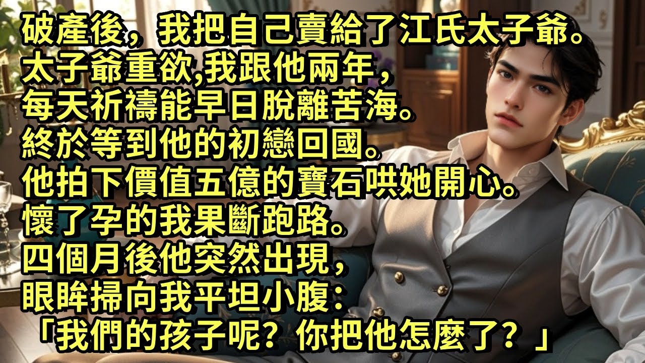 破產後，我把自己賣給了江氏太子爺。他重欲，我每天祈禱能早日脫離苦海。他的初戀回國。他拍下價值五億的寶石哄她。懷了孕的我果斷跑路。四個月後他突然出現，眼眸掃向我平坦小腹：「我們的孩子呢？你把他怎麼了？」