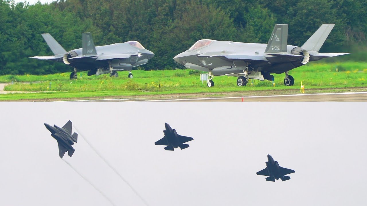 322 Squadron met 11x F-35 komen aan op vliegbasis Leeuwarden na baanrenovatie