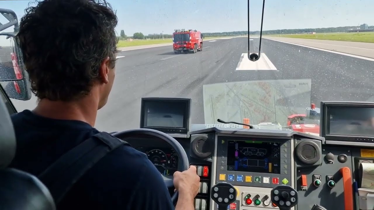 Luchthavenbrandweer Schiphol - Rijtijdentest met drie Rosenbauer 8X8 crashtenders, landingsbaan 09