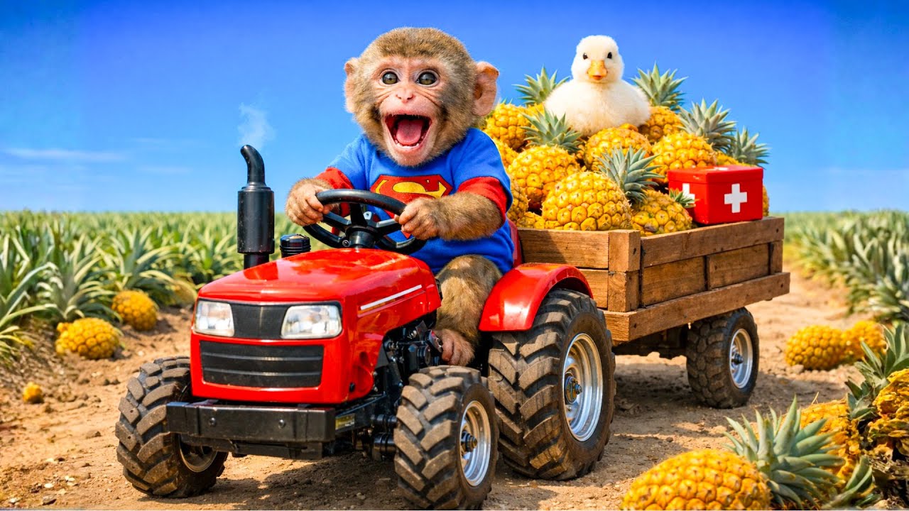 Monkey Farmer Drives Tractor to Harvest Pineapples & Rescue a Duck! | Monkey Farm Work