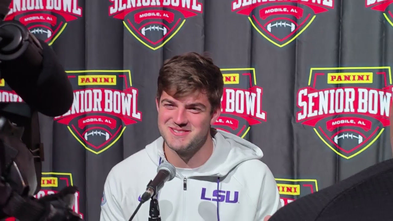 Scott talks with Garrett Nussmeier QB from LSU at Media Day at the Senior Bowl