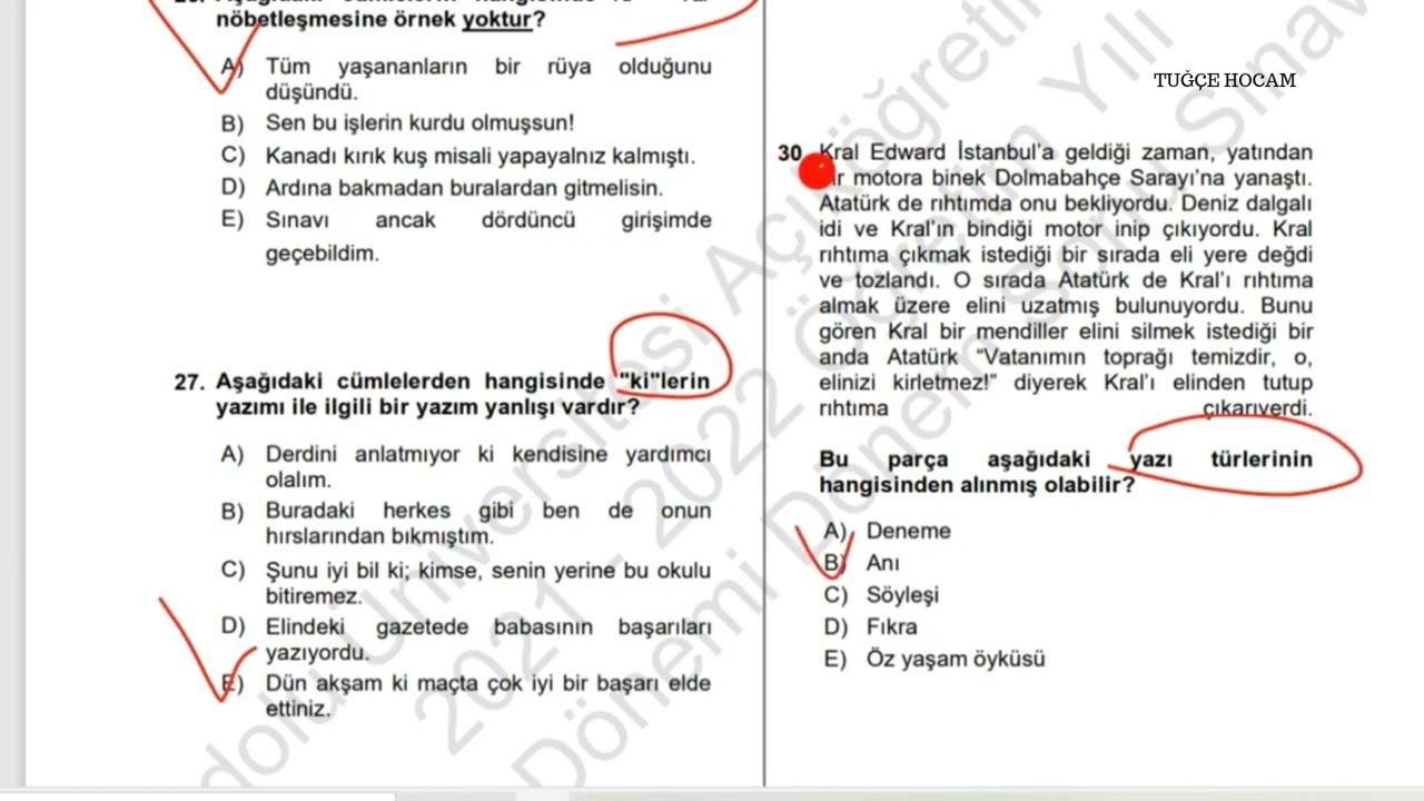 AÖF TÜRKDİLİ-2 📍FİNAL SORULARI (Dikkat Sınavda Çıkabilir....!)😉 @egitimhanemtv