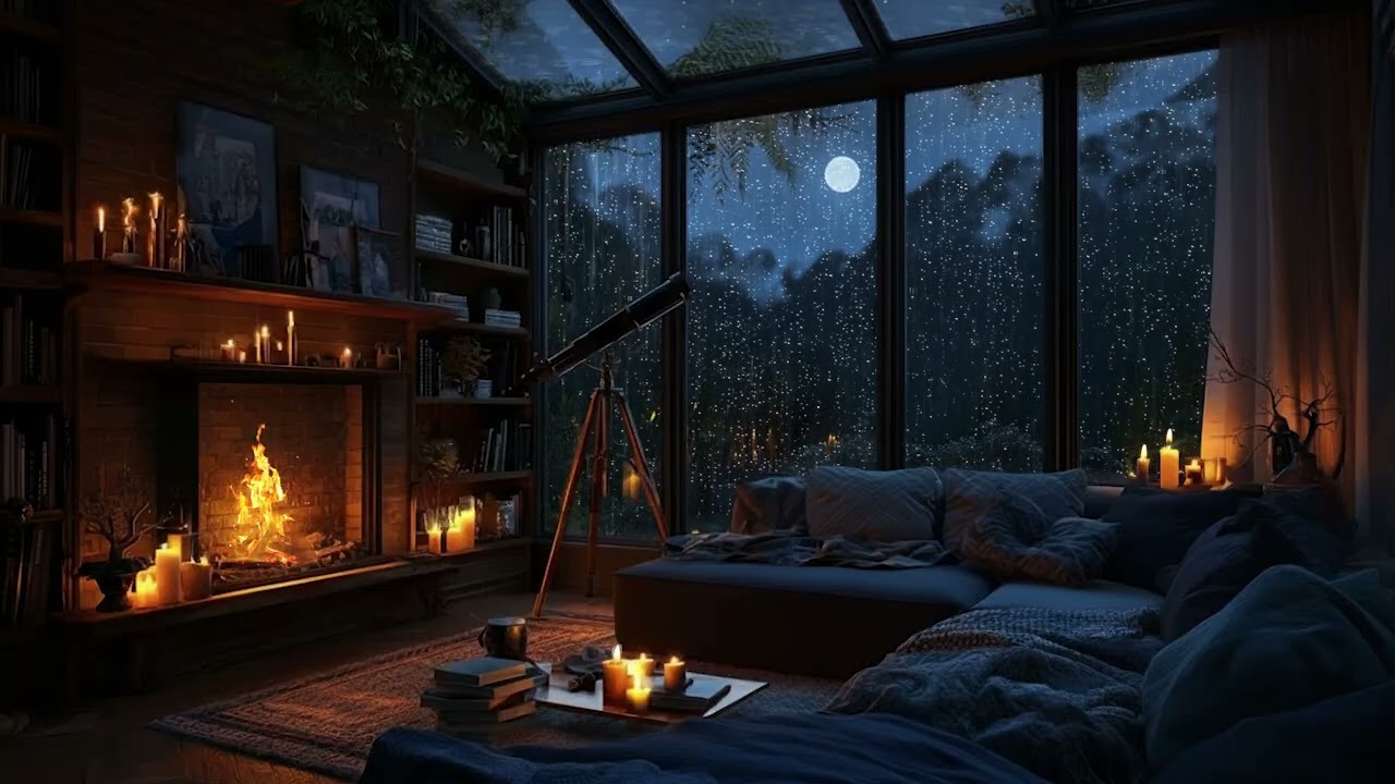 Cozy Cabin Ambience – Soft Rain, Crackling Fireplace & Faraway Thunder for Deep Relaxation