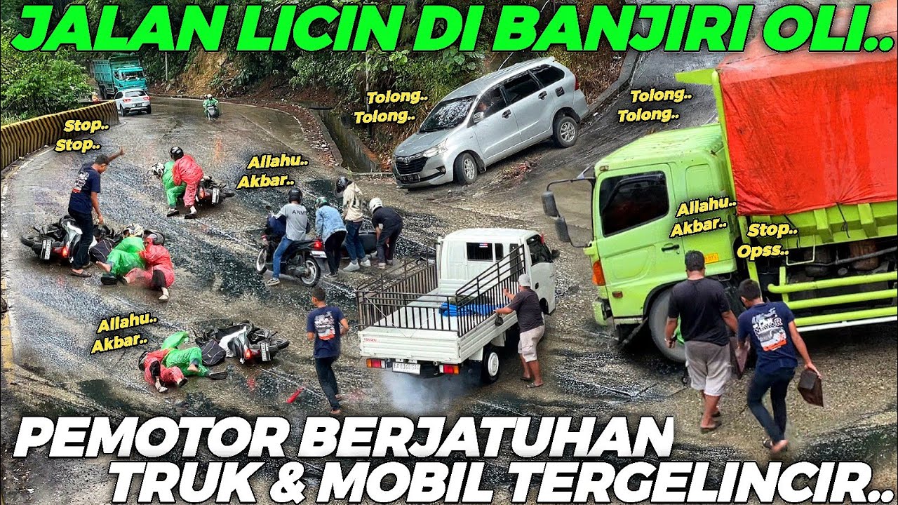 SITUASI PALING MENGERIKAN !!! Jalan Licin Di Banjiri Oli, Pemotor Terjatuh Mobil Avanza Tergelincir