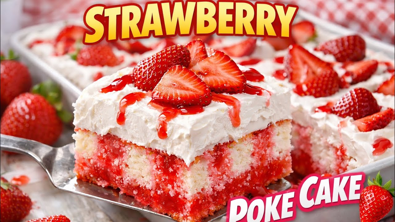 •   “Old Fashioned Strawberry Poke Cake 🍓 So Easy!”