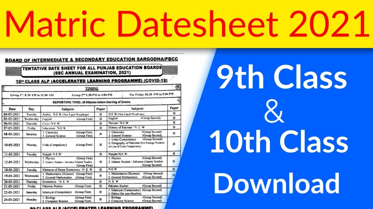 10th class datesheet 2021 | 9th class datesheet 2021