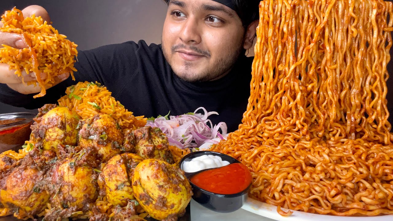 SUPER SPICY* KOREAN NUCLEAR FIRE NOODLES WITH EGG GHEE ROAST BIRYANI+ FRIED MOMOS| EATING SHOW