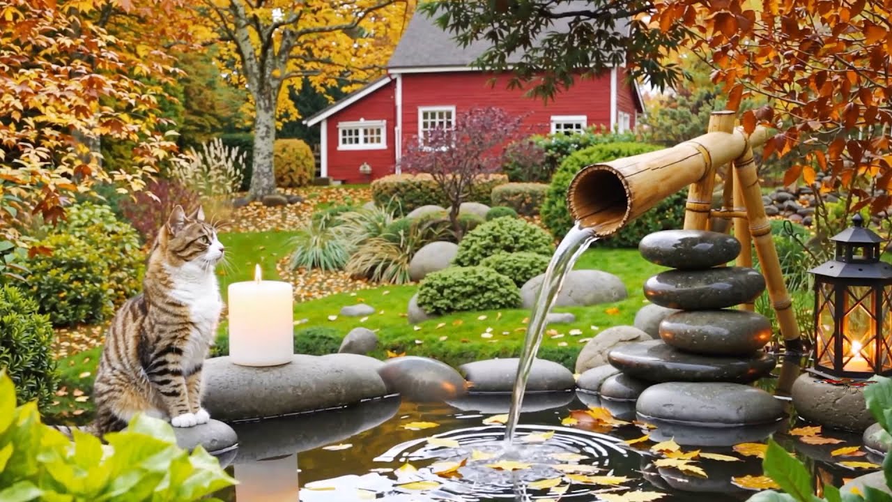 Bamboo Water Autumn – Beautiful Fall Music with Peaceful Garden, Cat, Water, and Nature Sound