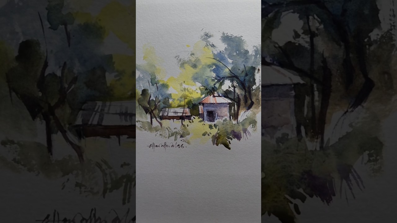 small village watercolor scenery 