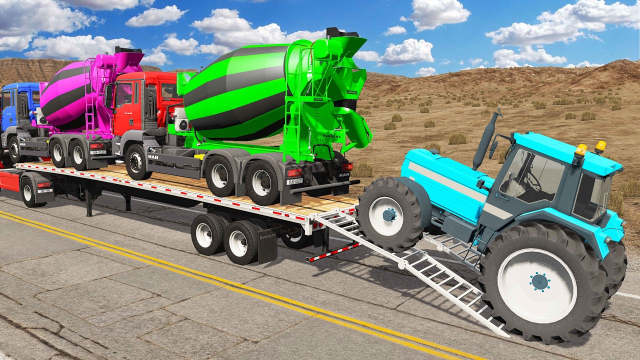 Four Trucks Transporting cars with Flatbed Trailers | Cars vs Speedbump vs Train vs Pothole #6