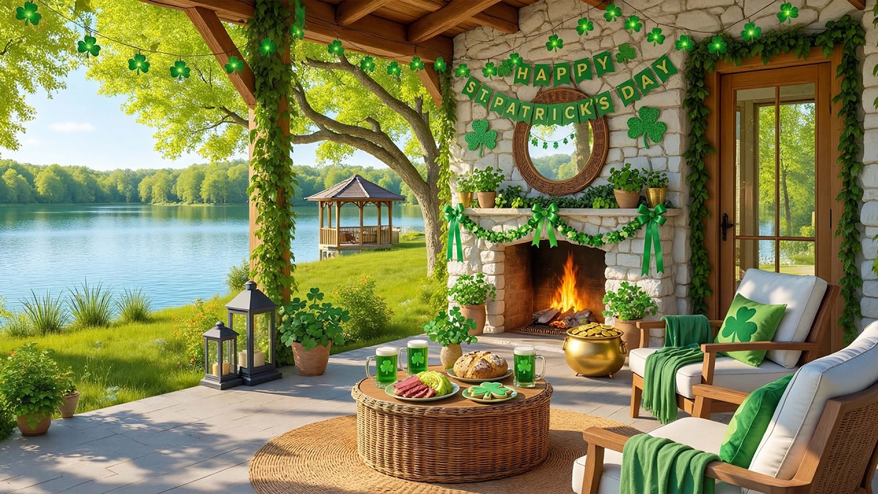 ST Patricks Day Fireplace Ambience ☘️ Soothing Piano Music & Fireplace ✨🔥 Cozy Green Porch