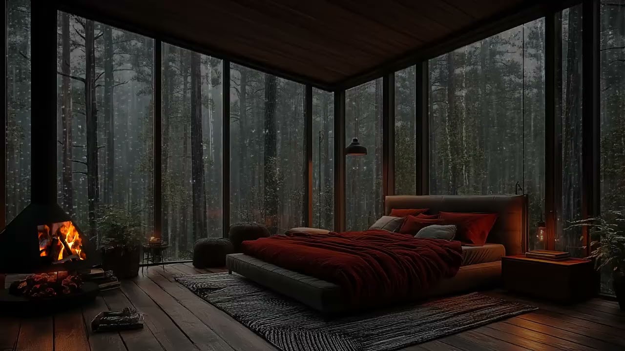 Relaxing Rain and Fireplace Sounds in a Cozy Forest Cabin for Deep Sleep Study and Meditation