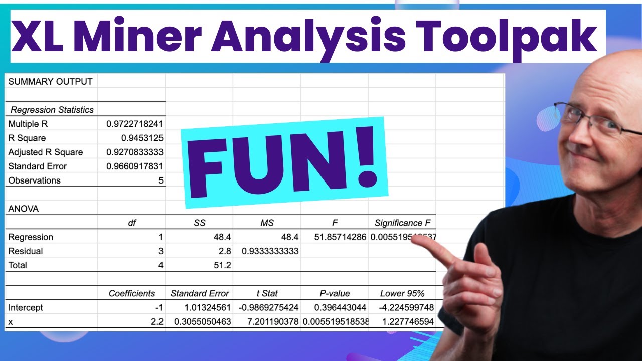 Prob & Stats, Lec 26B: Linear Regression in Excel (includes inference w/ XLMiner Analysis Toolpak)