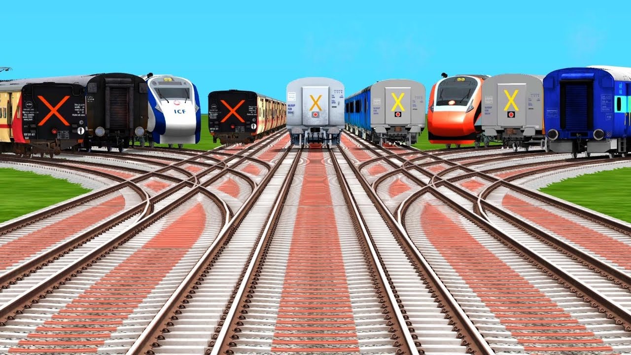 9 Trains Run Backward & Forward on Bumpy Curved Tracks | Crazy Level Crossing | train simulator game