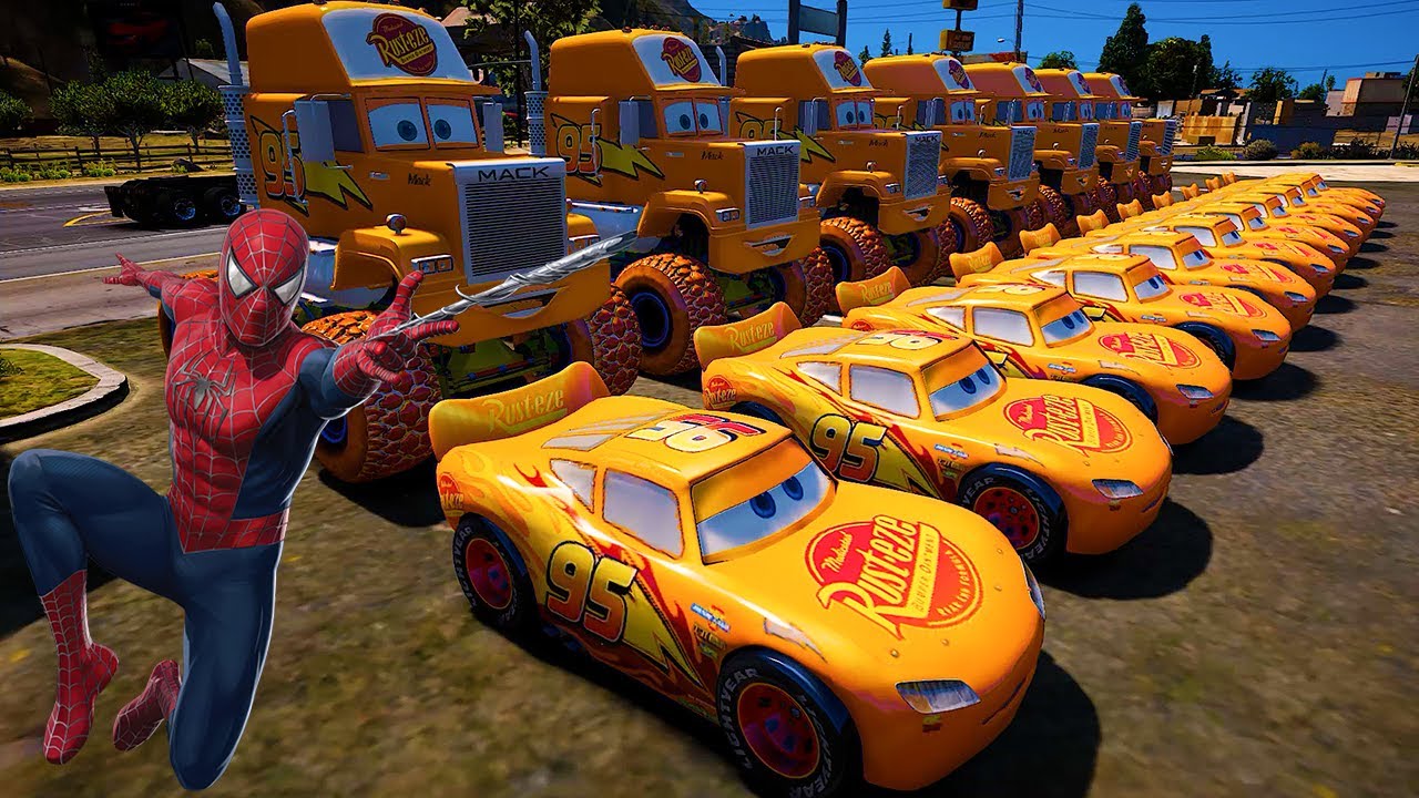 GTA 5 SPIDERMAN Cars Challenge Crazy Ragdolls Disney Cars McQueen Dinoco Fabulous JacksonStorm Truck