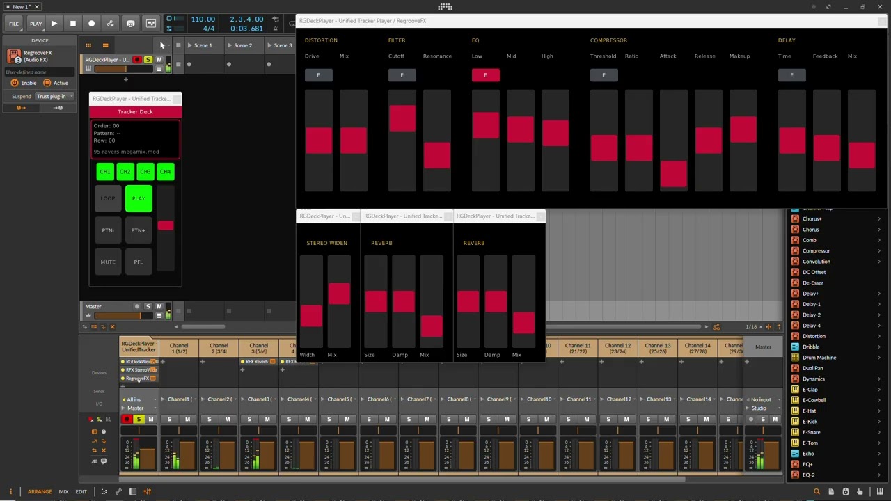 Playing Ravebusters (dax) '95 Raver's Megamix using Regroove player (multi-out) with effects applied