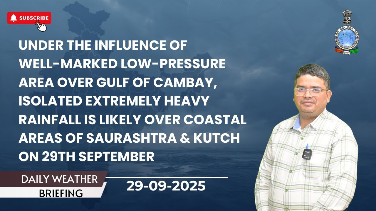 Isolated extremely heavy rainfall is likely over coastal areas of Saurashtra & Kutch on 29 September