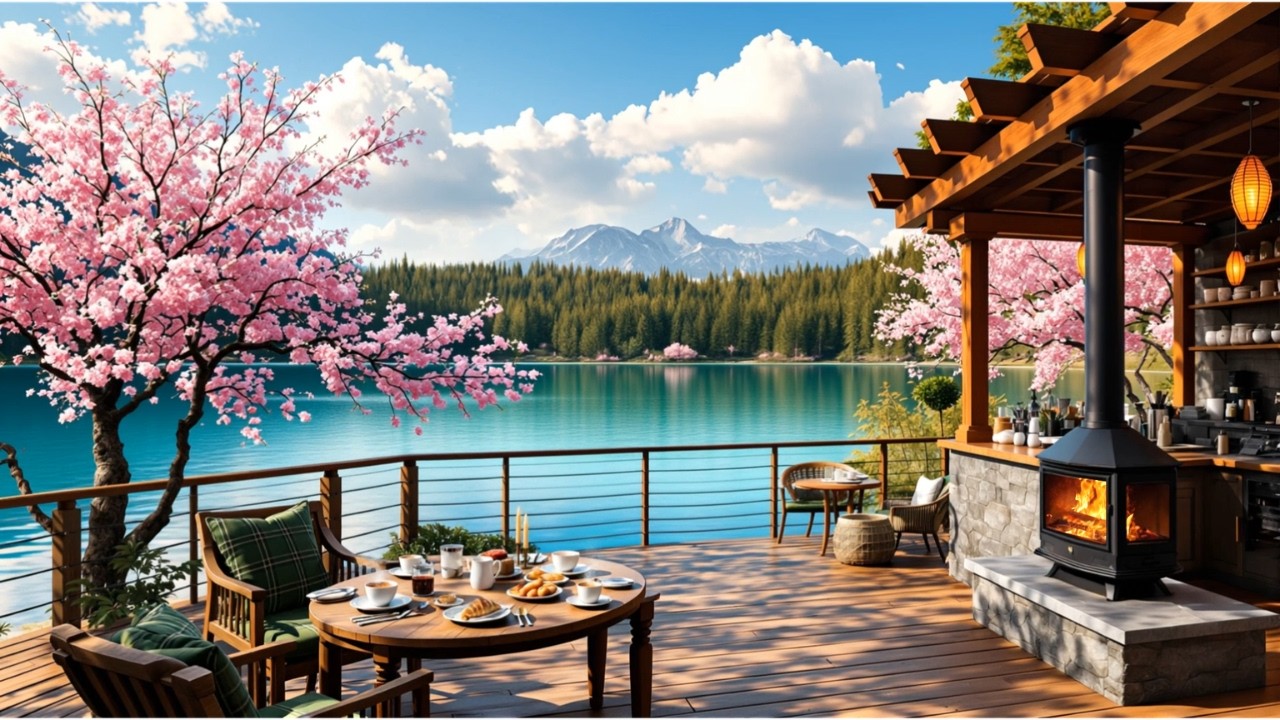 Happy Spring Morning Jazz at Lakeside Coffee Shop Ambience 🍃 Smooth Jazz Music for Studying