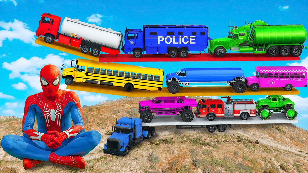 Gta V Spiderman Mods Police Car Fire Truck Ambulance Tractor Ferrari Bugatti in Multi Floors Trailer