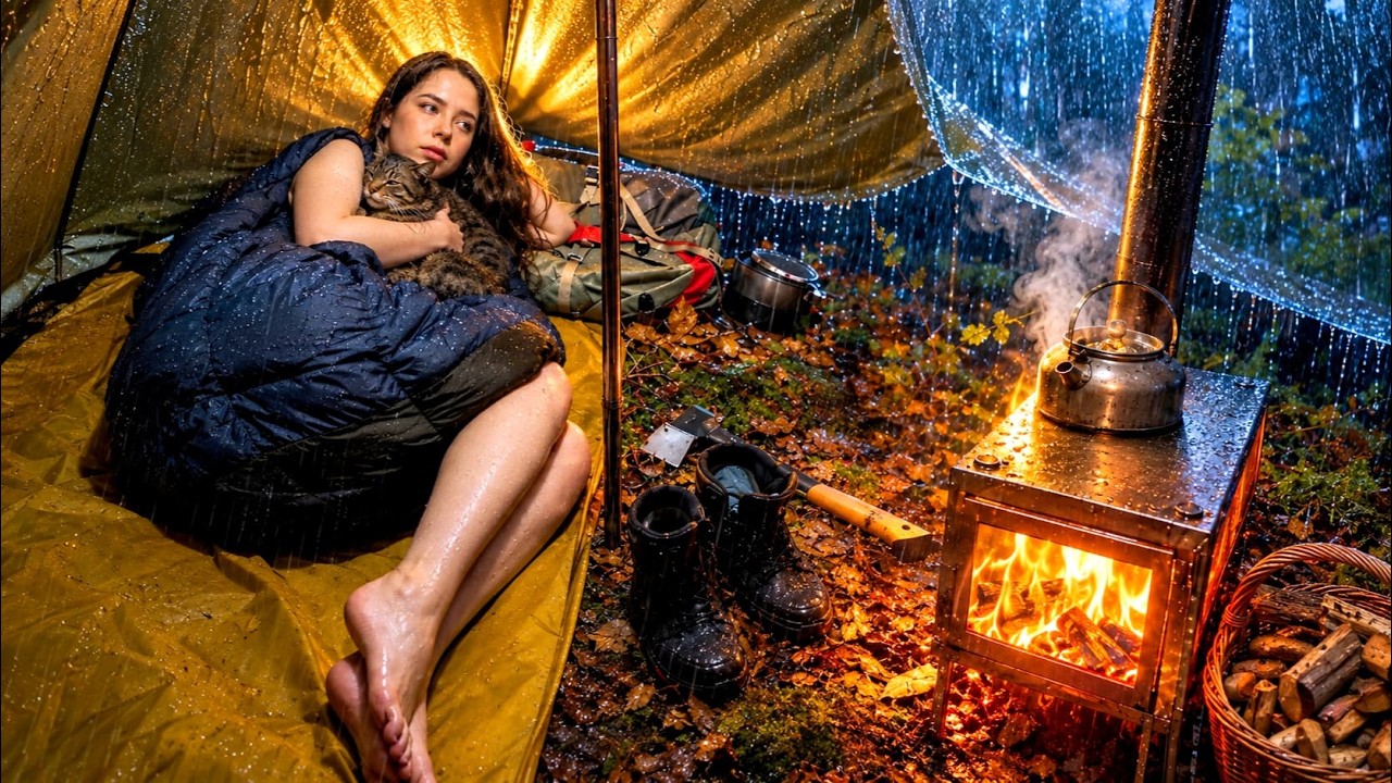 Кемпинг вдвоём с моей кошкой посреди сильнейшей грозы! 🌧️🔥 | Hot Tent Camping