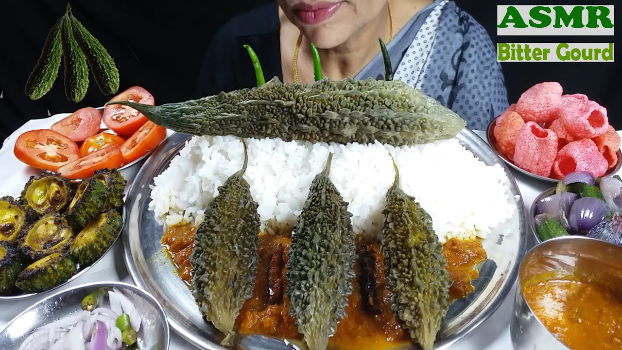 ASMR Big Bitter Gourd Eating with Soft Rice Mukbang Indian Food