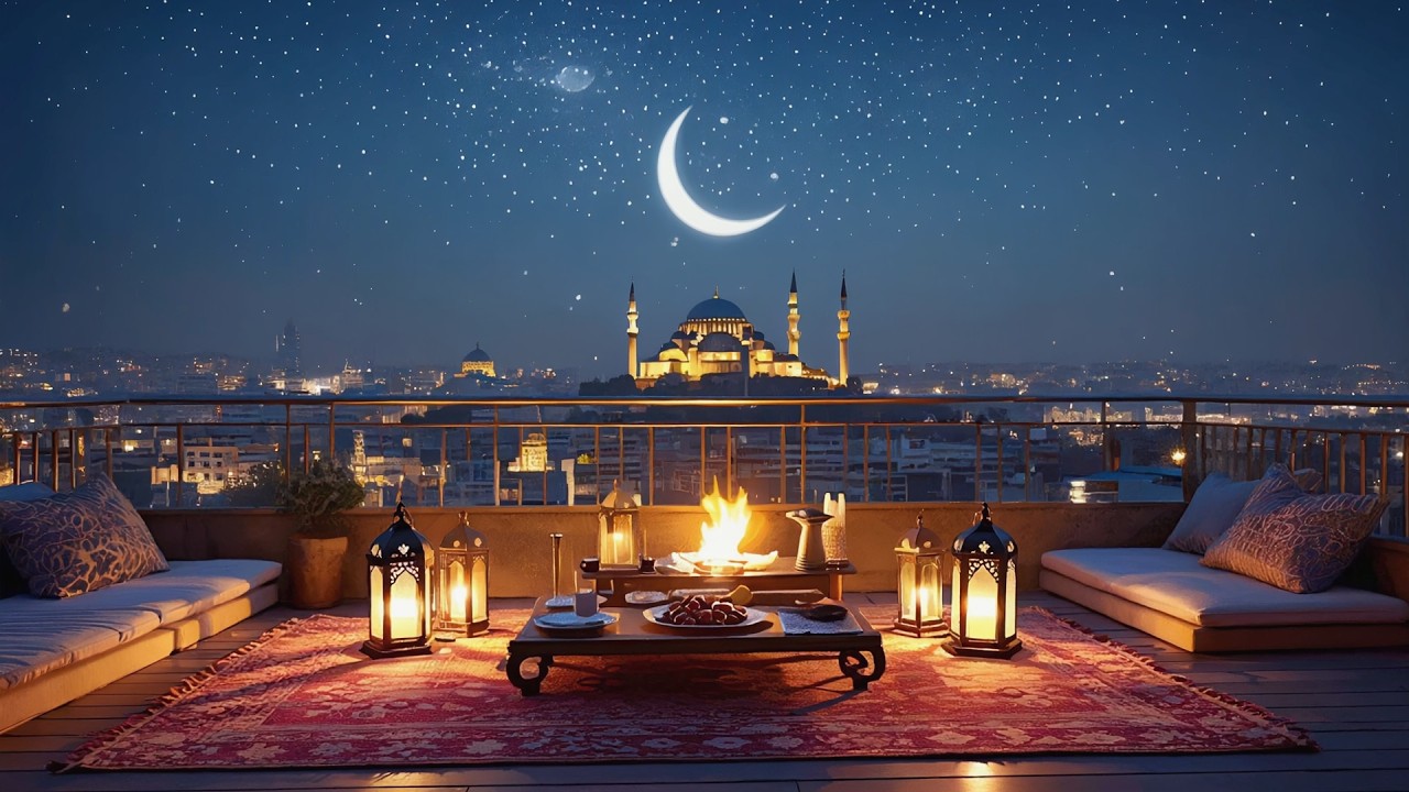 Ramadan Iftar Ambience 🌙 Cozy Fireplace Night | Relaxing Ramadan Background Sounds & Lantern Lights