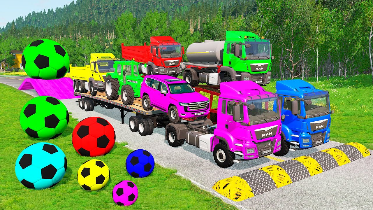 Flatbed Trailer McQueen Transportation with Truck - Speedbumps vs Cars vs Train - BeamNG.Drive #17