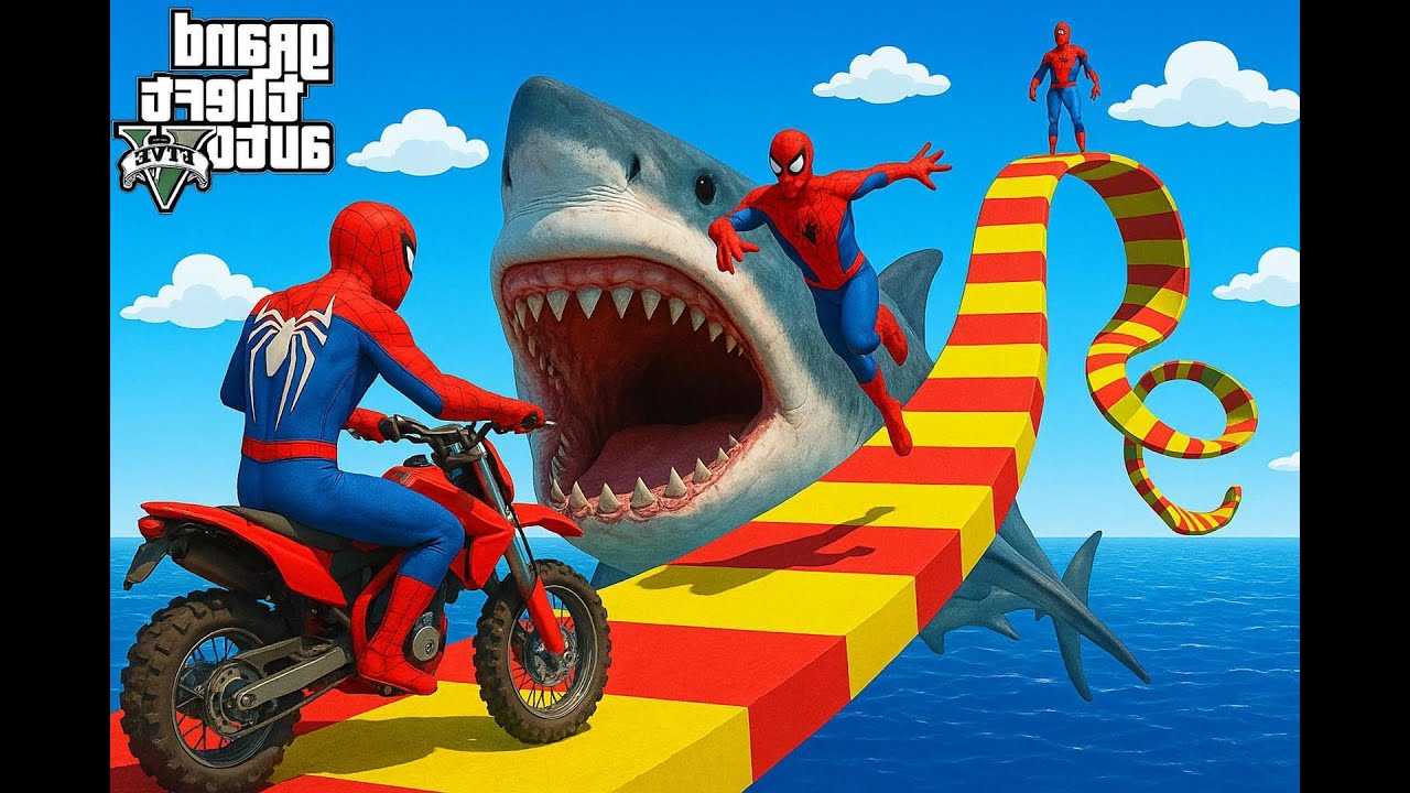 الأبطال الخارقين على القضبان دوامة قمع جسر 🕷️🏍️ RAINBOW SPIDER MAN! on Motorcycle in Spiral Bridge