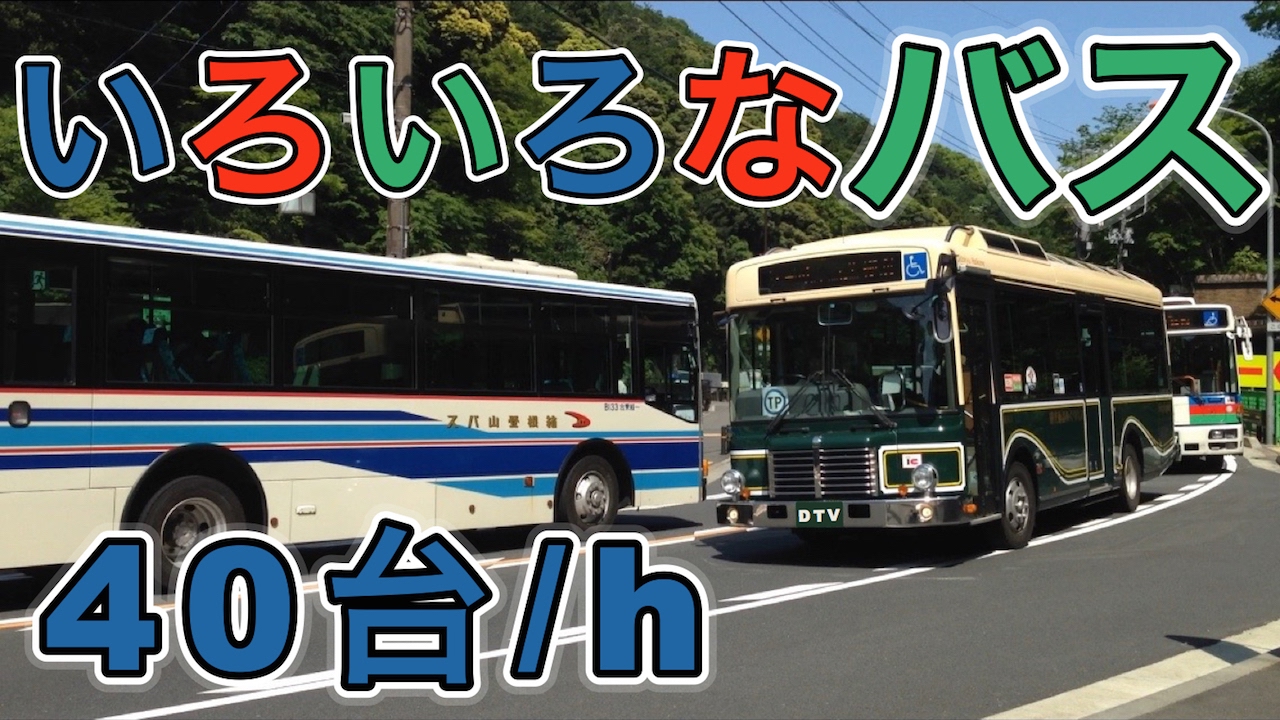 全40台 いろいろな路線バスや観光バスが行き交う箱根の国道1号線 カーブをうねり千歳橋(土木遺産)を渡る Lots of buses at Hakone Tonosawa