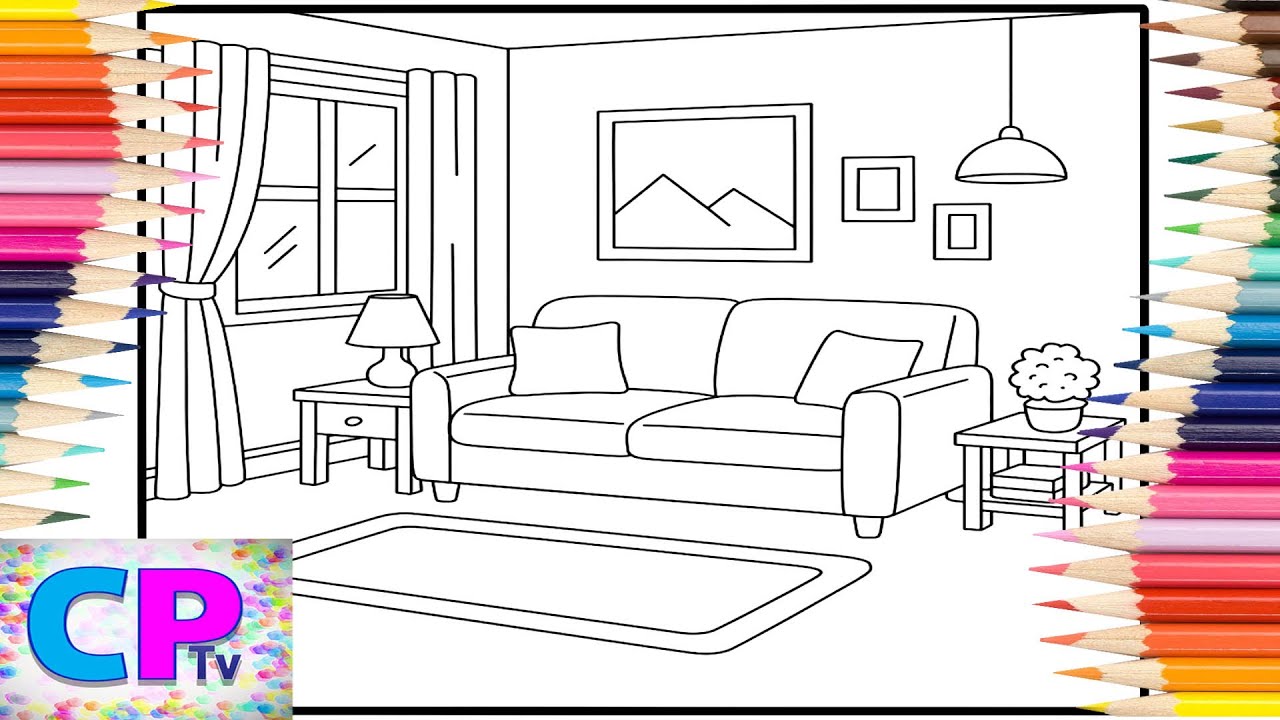 Living Room in a Calm Color Scene/Drawing of the Living Room/Art Therapy/Creative Colors/Drawing Art
