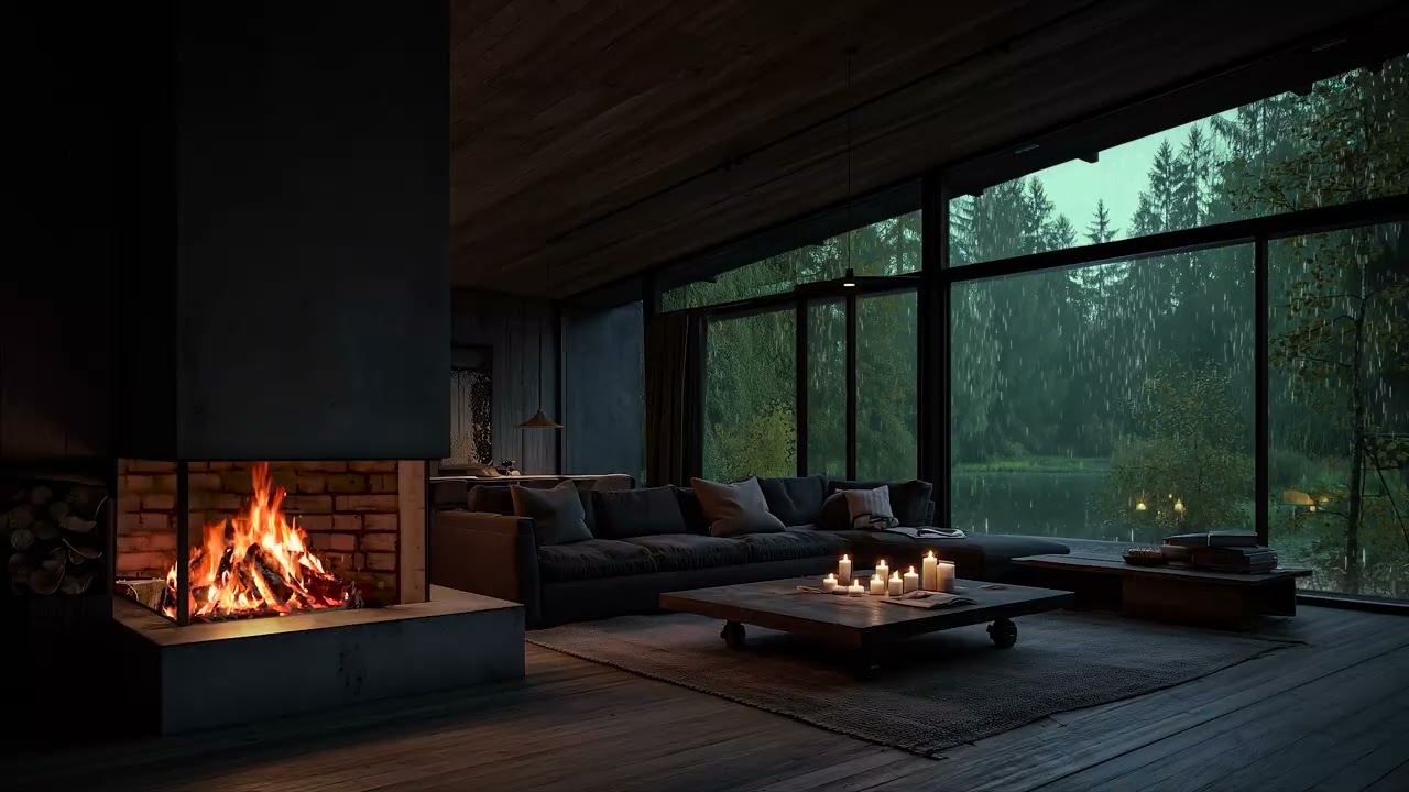 Gentle Rain for Sleep with Crackling Fireplace | Cozy Night Ambience