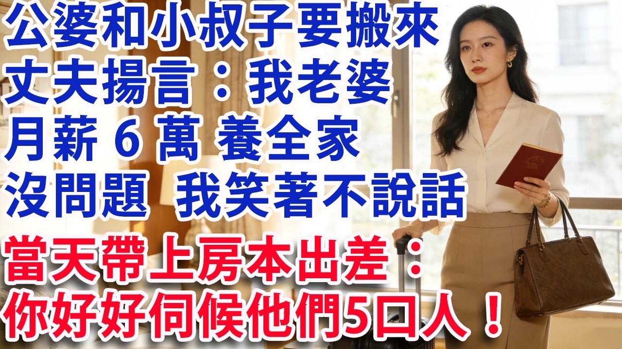 【满分爽文】公婆和小叔子要搬來住  丈夫揚言：我老婆月薪6萬 養全家沒問題  我笑著不說話 當天帶上房本出差：你好好伺候他們5口人！#婆媳 #家庭 #老年生活