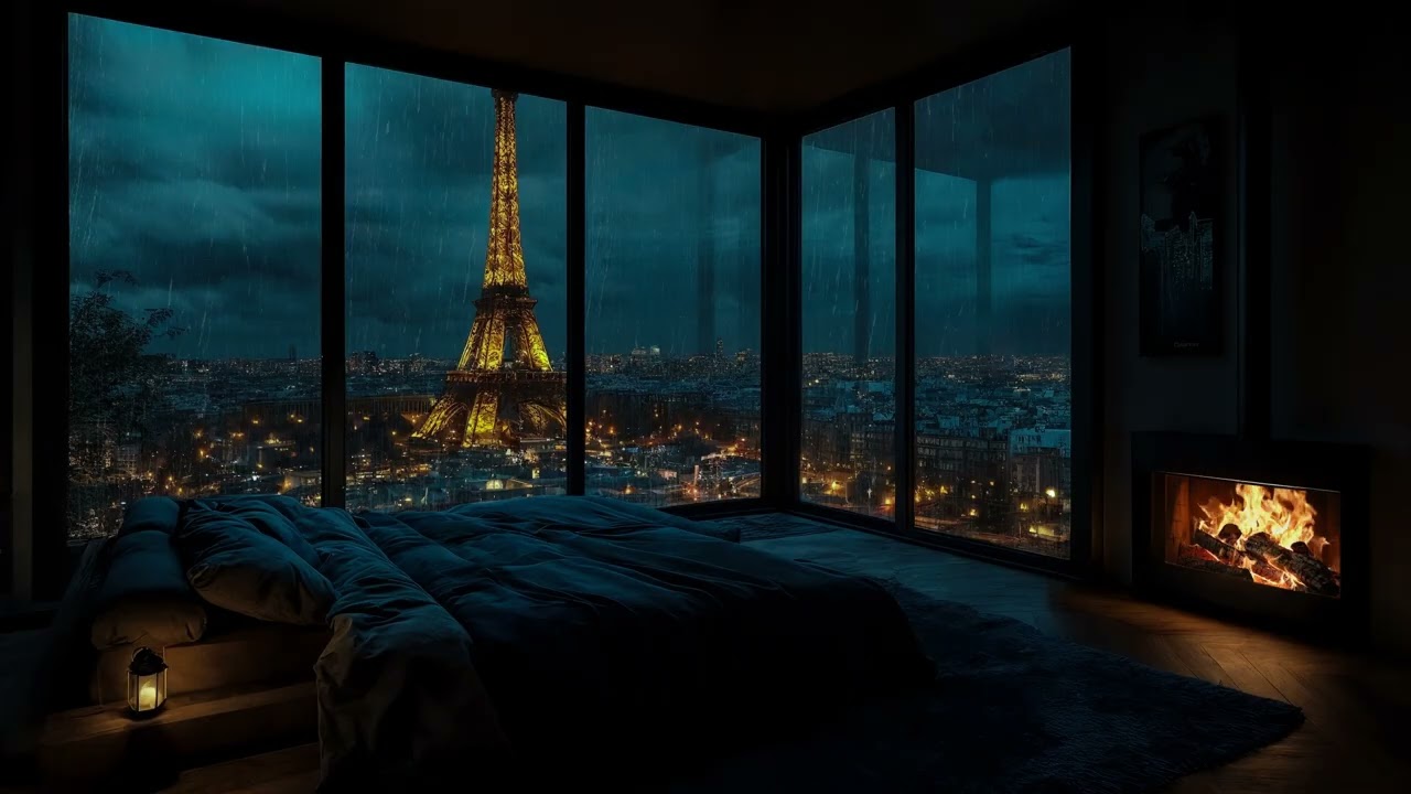 Rainsound city Window with Fireplace Glow | Deep Sleep Rain Sounds ASMR Cozy Indoor Ambience Now