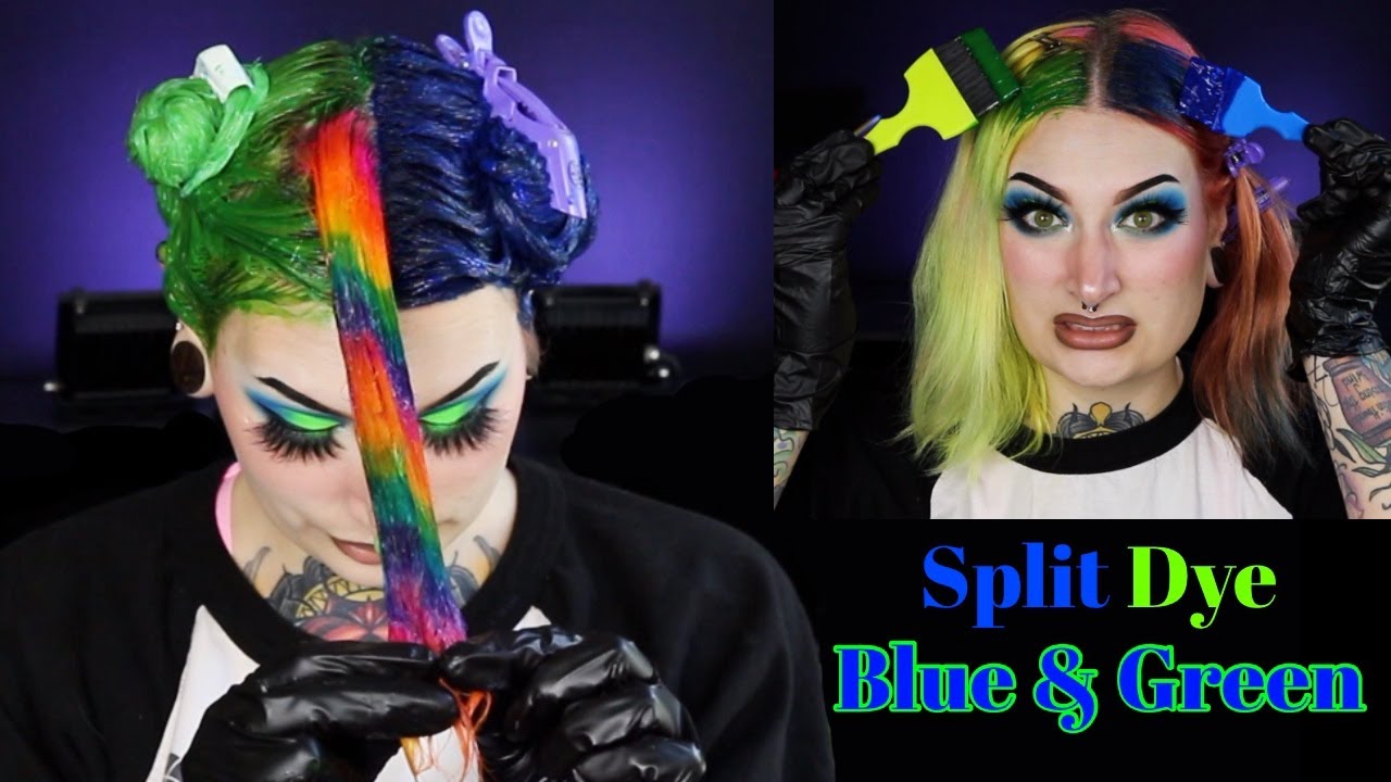 Blue And Green Split Dye Hair With A Splash Of Rainbow!