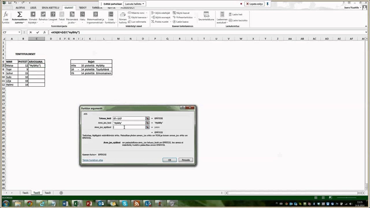 Office 2013 Excel monta jos-funktiota