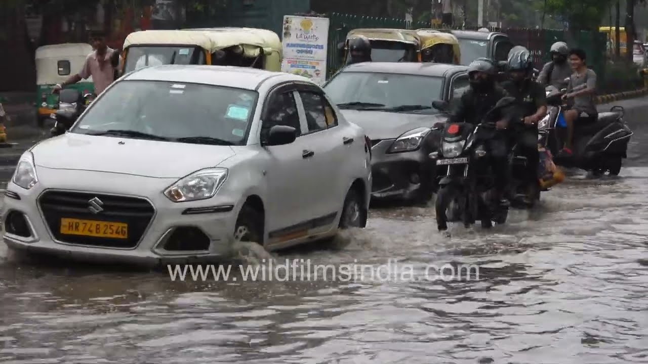 Waterlogged Chhatarpur Road in New Delhi after heavy rain