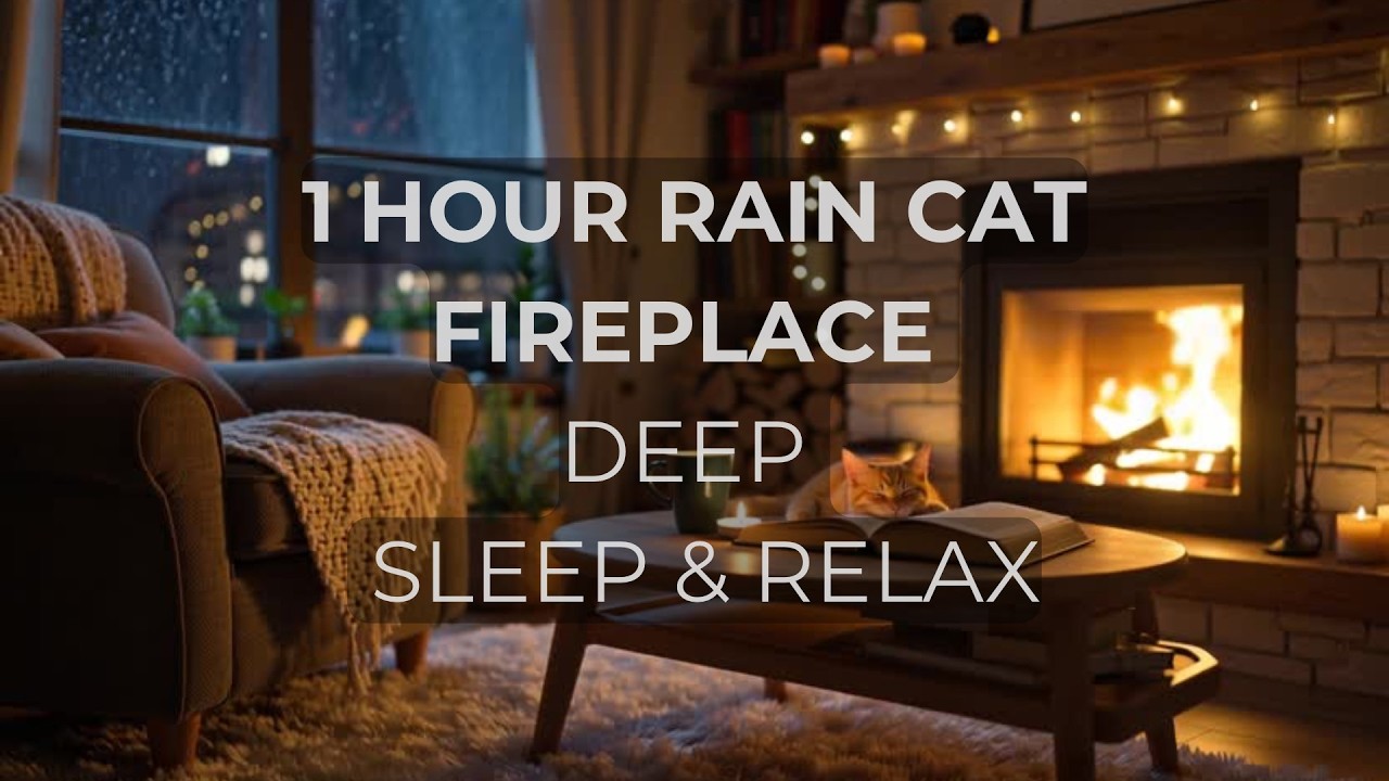 Rainy Night Fireplace 🔥 Cozy Cat Ambience for Sleep, Study & Relax