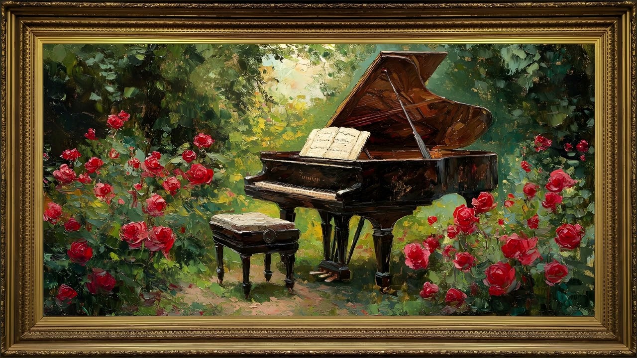 Roses Garden and Grand Piano, Vintage Oil Painting | Gold Framed Art TV Screensaver with Calm Music