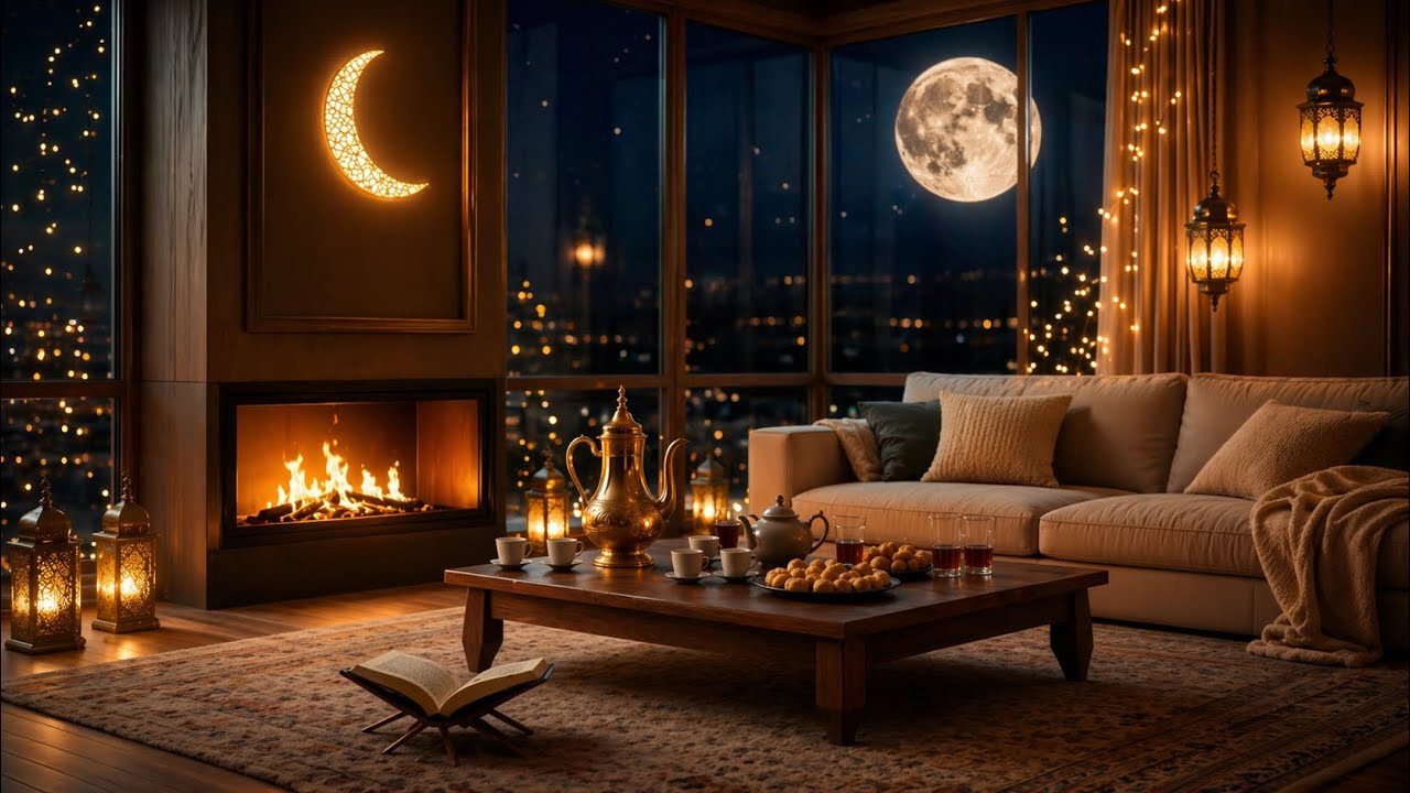 Ramadan Moonlit Fireplace Ambience 🌙🔥 Cozy Night with Tea & Qatayef | 3 Hours