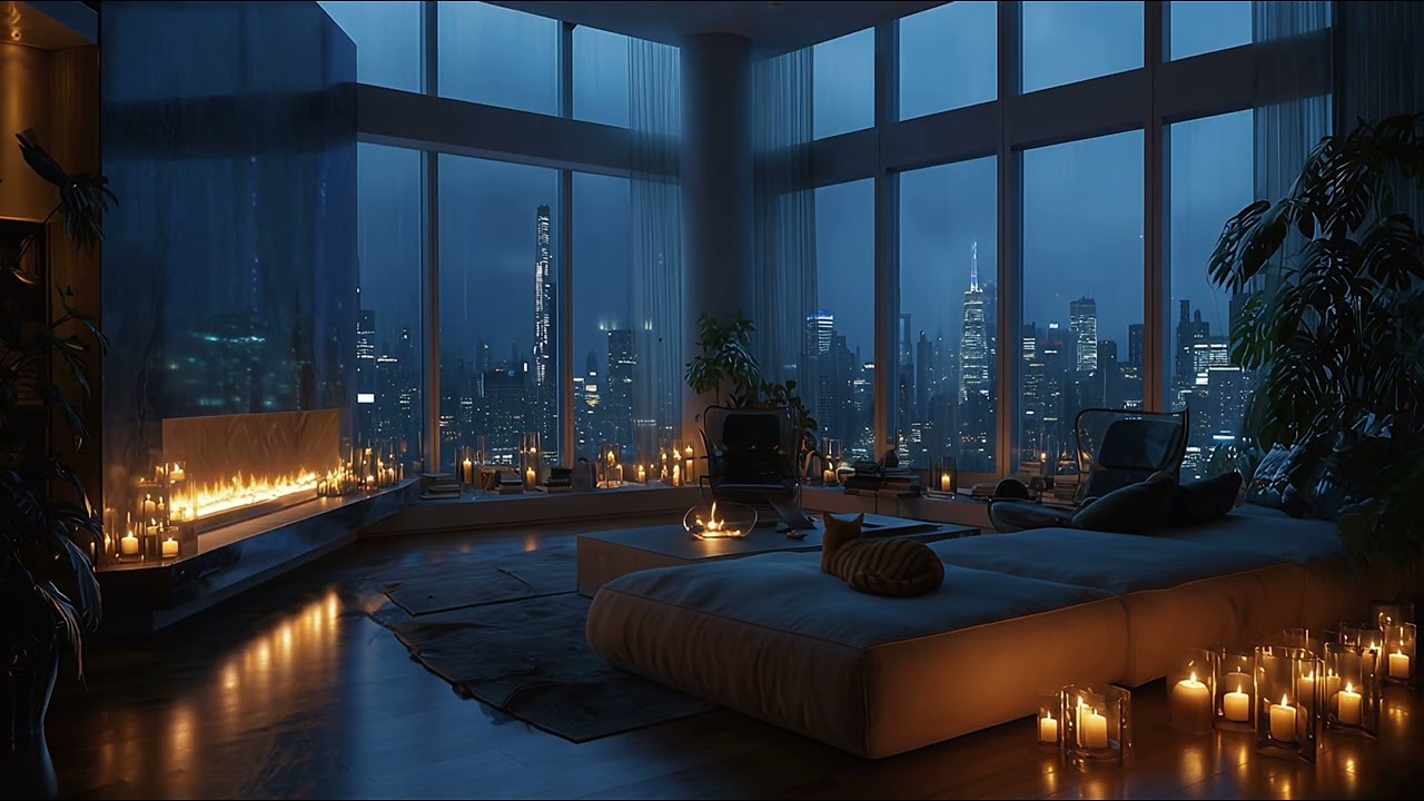 Rain on Window | Cozy Luxury Penthouse at Night | 3 Hours | Ambient Sleep & Relaxation