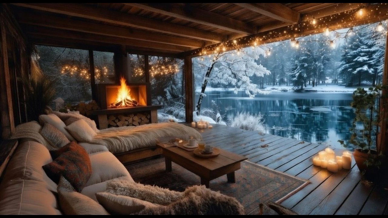 Cozy Snowy Cabin Porch Ambience | Crackling Wood Burner & Snow Over Lake | 7.5 Hour Loop (No Music)