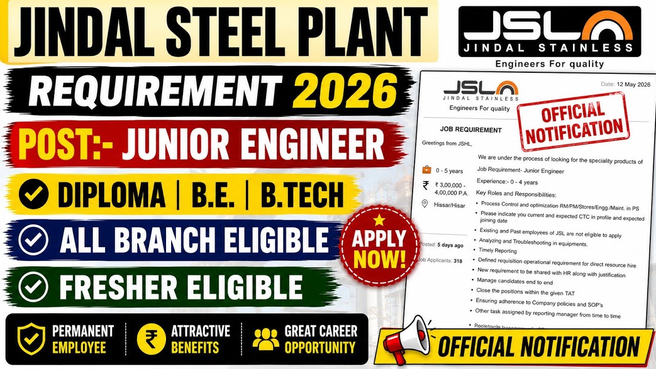 JINDAL STEEL JUNIOR ENGINEER 2026 FOR FRESHERS DIPLOMA, B-TECH PERMANENT JOB | JINDAL JSL |